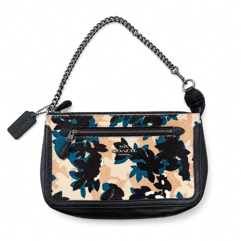 Coach Nolita 24 Black Calf Hair Leaf Print Chain Wristlet F58412